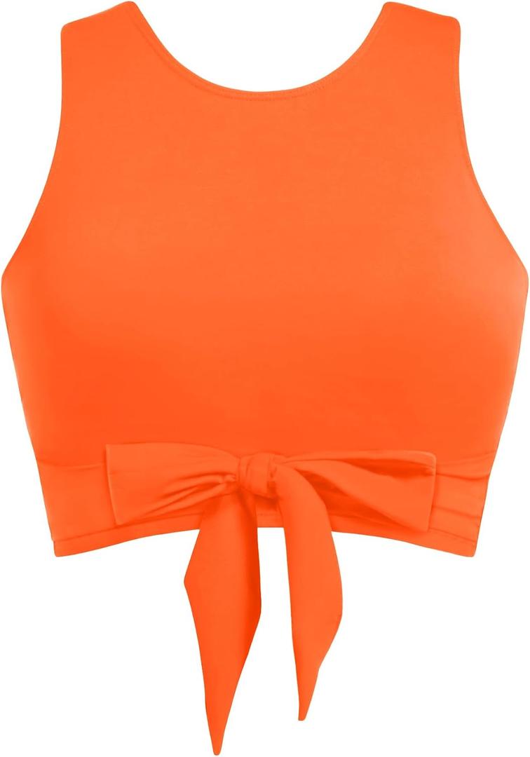Neon Orange Crop Top Swim Bathing Suit - Women Bikini Swimsuit High Neck Bra Tie Knot Top Only 2025, XL