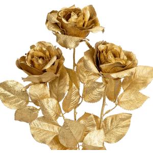 Hollyone 3Pcs Christmas Flowers Gold Artificial Rose Flowers 26.8inch Fake Roses Flower Floral Arrangements Bouquets Xmas Golden Faux Rose Stems for DIY Wedding Party Centerpieces Christmas Home Decor (Gold - Roses)