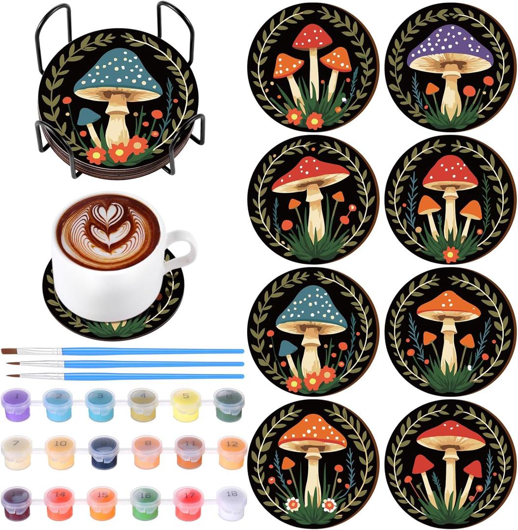 Reallnaive 8 Pcs Mushroom Paint by Numbers Kit for Adults Cute Coasters with Holder Mini Paint by Numbers Kits Round Oil Painting Drink Coaster for Small DIY Craft Birthday Gift