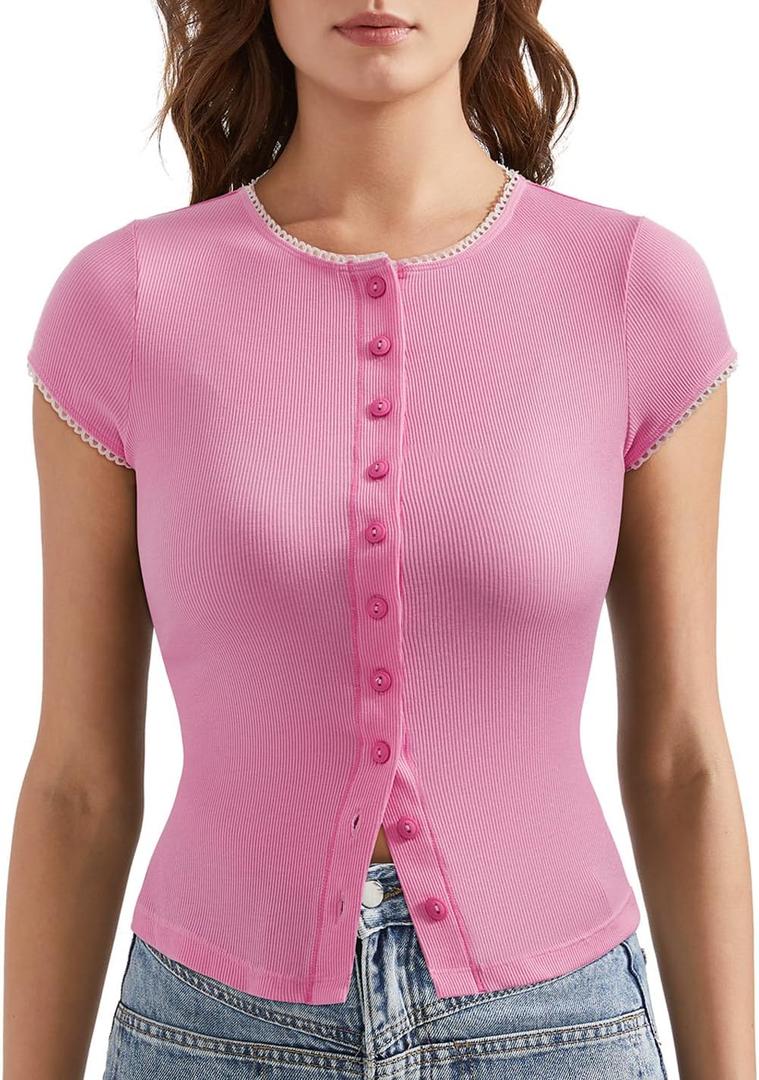 OMKAGI Women Button Down Ribbed Short Sleeve Shirts Fitted Knit Cropped Cardigan Sweaters (Large, 13-pink-white)