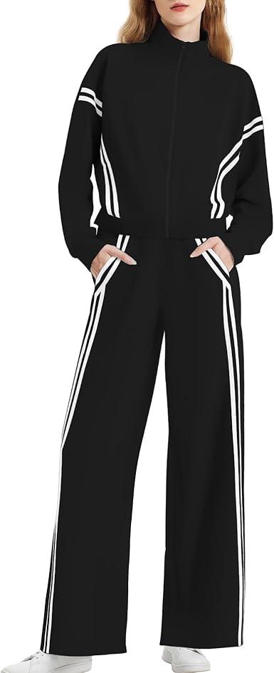 Casly Lamiit Womens Two Piece Lounge Sets Fall Track Outfits Sweatsuit Stripes Sweatshirt Jogger Pants 2025 Fashion Travel Airport Activewear Black M