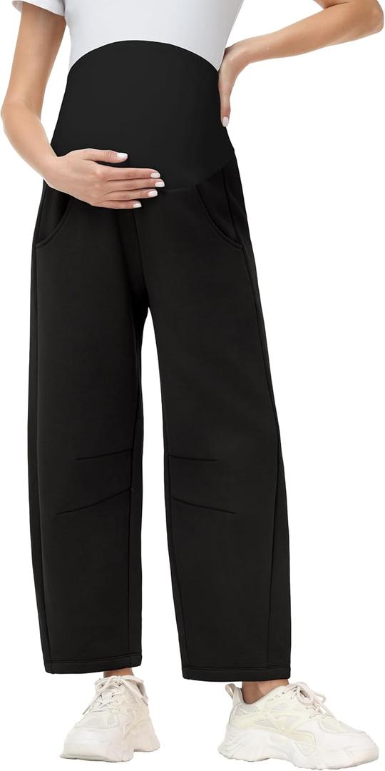 Foucome Womens Maternity Baggy Barrel Pants Wide Leg Pregnancy Lounge Sweatpants with Pockets (Small, Black)