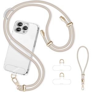 Derraffina Cell Phone Lanyard Adjustable Crossbody Phone Lanyard *1 Phone Wrist Strap *1 with Deluxe Gold Matal Buckle + Clear Tether Tabs *2 for Shopping Travelling Hiking Beige