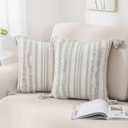 decorUhome Summer Decorative Boho Throw Pillow Covers 18x18 Set of 2, Accent Neutral Textured Tufted Pillow Covers Striped for Couch Bed Sofa Living Room, Grey and Cream White