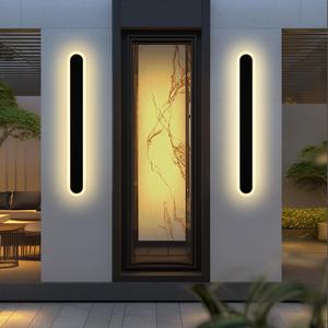 2Pcs 48in Modern LED Outdoor Wall Light Fixtures, IP65 Waterproof Long Outdoor Wall Sconces 5CCT Dimmable, Flush Mount Black Linear Exterior Lighting Fixtures for House Patio Courtyard Porch, 48'' - Rounded End