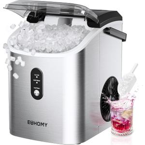 EUHOMY Nugget Ice Maker Countertop with Handle, Ready in 6 Mins, 34lbs Per Day, Removable Top Cover, Auto-Cleaning, Portable Sonic Ice Maker with Basket and Scoop, for Home/Party/RV/Camping (Silver) (Steel Light Silver)