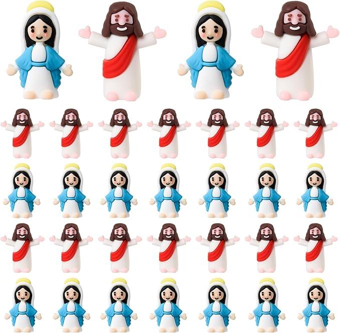 40 Pcs Little Jesus Figures Virgin Mary Figurines Mini Jesus Figurines Miniature Virgin Mary Doll Classic Religious Gifts for Sunday Easter Eggs Stuffers Baptism Gift (40, Red&Blue)