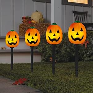 Set of 4 Halloween Pathway Markers Lights, 14.2 Inch High Battery Operated Plastic Jack-O-Lantern Shaped Pumpkin Lawn Garden Stakes Clear Lights for Trick or Treat Party Outdoor Halloween Decor