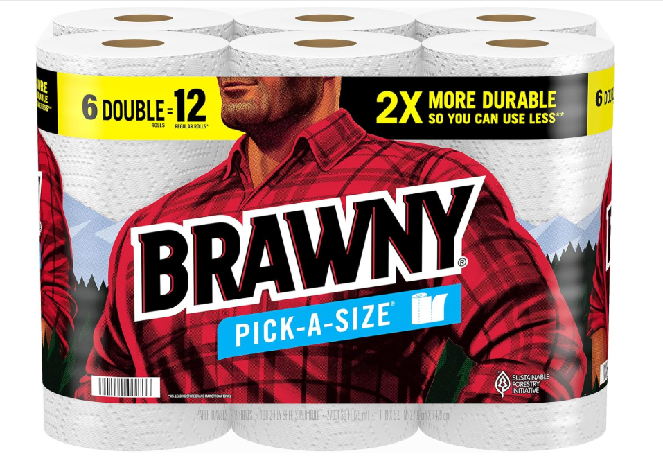 Brawny Pick-A-Size Paper Towels, 6 Double Rolls = 12 Regular Rolls, 2 Sheet Sizes (Half or Full), Strong Paper Towel For Everyday Use, Pack of 2