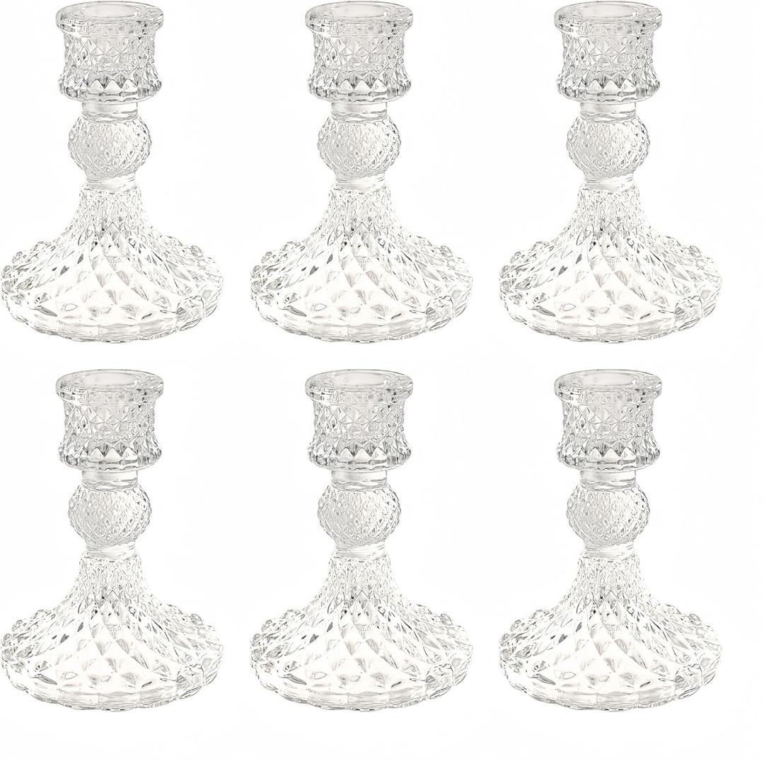 Glass Candlestick Holder,Striped Taper Candle Holders,Set of 6 Candle Stand for Table Centerpieces, Home Decor,Weddings,Festival and Parties (Clear Dimond Pattern)