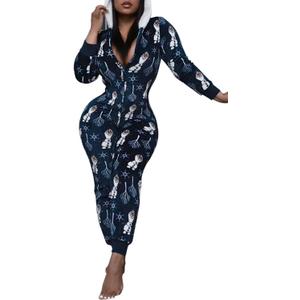 AI'MOURI One Piece Hooded Sleepwear for Women,Sexy Printed Christmas Pajamas Jumpsuit Rompers (Small, Navy)