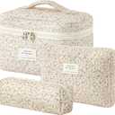 HBselect Quilted Makeup Bag, 3PCS Cotton Large Travel Makeup Bag, Cute Floral Coquette Make up Bag Cosmetic Bag Toiletry Bag for Women Girls
