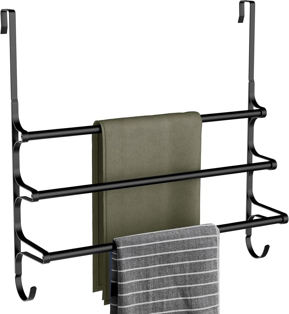 Over The Door Towel Rack, Over Door Towel Rack for Bathroom Door, Triple Towel Storage Holder with Hooks (Matte Black, 20.27" L)