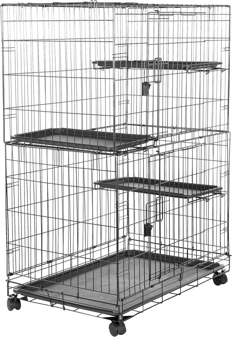 Amazon Basics Large 3-Tier Cat Cage Playpen with Easy-to-Clean Removable Tray, Front Doors, Portable, Foldable, 35.8" x 22.4" x 50.6", Black