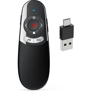 DINOSTRIKE 2 in 1 Type C and USB Presentation Clicker for Powerpoint Presentations,RF 2.4GHz Wireless Presenter Remote Slide Advancer with Volume Control for Mac Laptop Computer Office Classroom