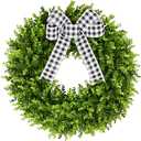Vlorart 24" Large Boxwood Wreath for Front Door, Artificial Greenery Wreath with Plaid Bow, Full Lush Spring Summer Farmhouse Wall, Window & Wedding Decor
