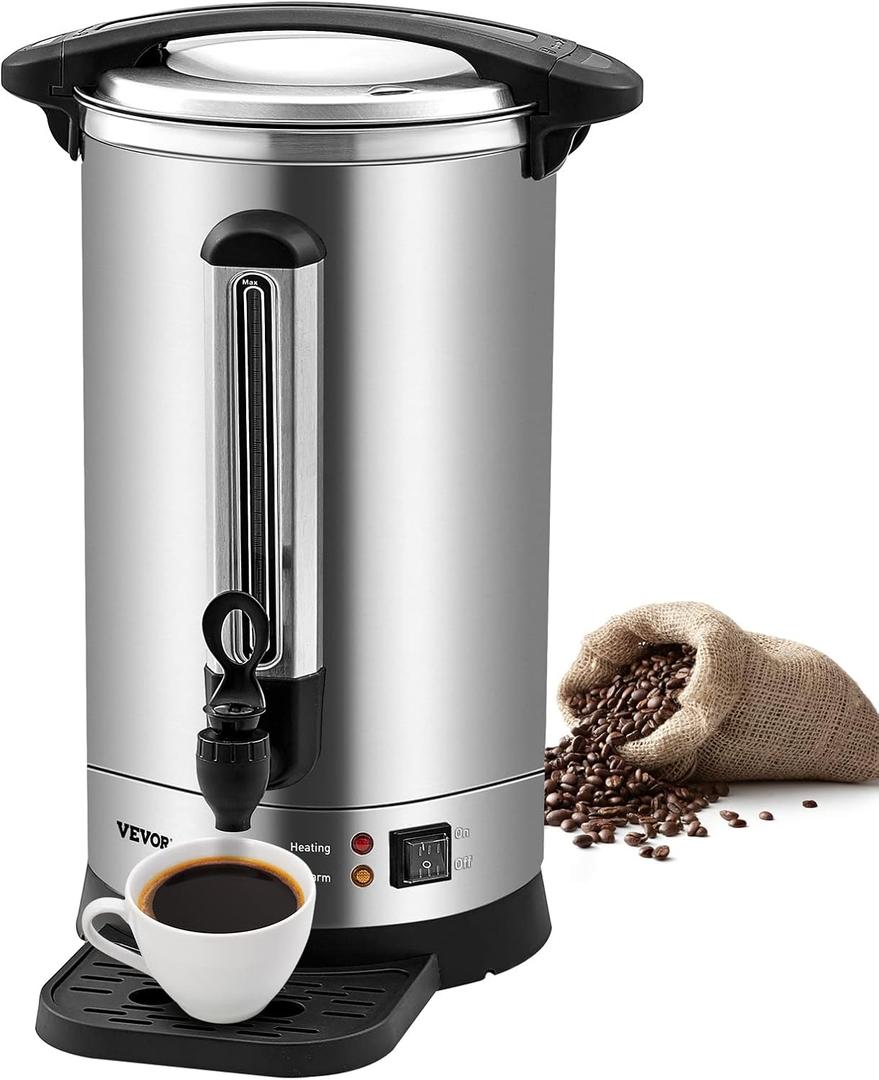 VEVOR Commercial Coffee Urn, 65Cups/9.75L Stainless Steel Large Coffee Dispenser, 1500W 110V Electric Coffee Maker Urn For Quick Brewing, Hot Water Urn with Water Gauge for Easy Viewing