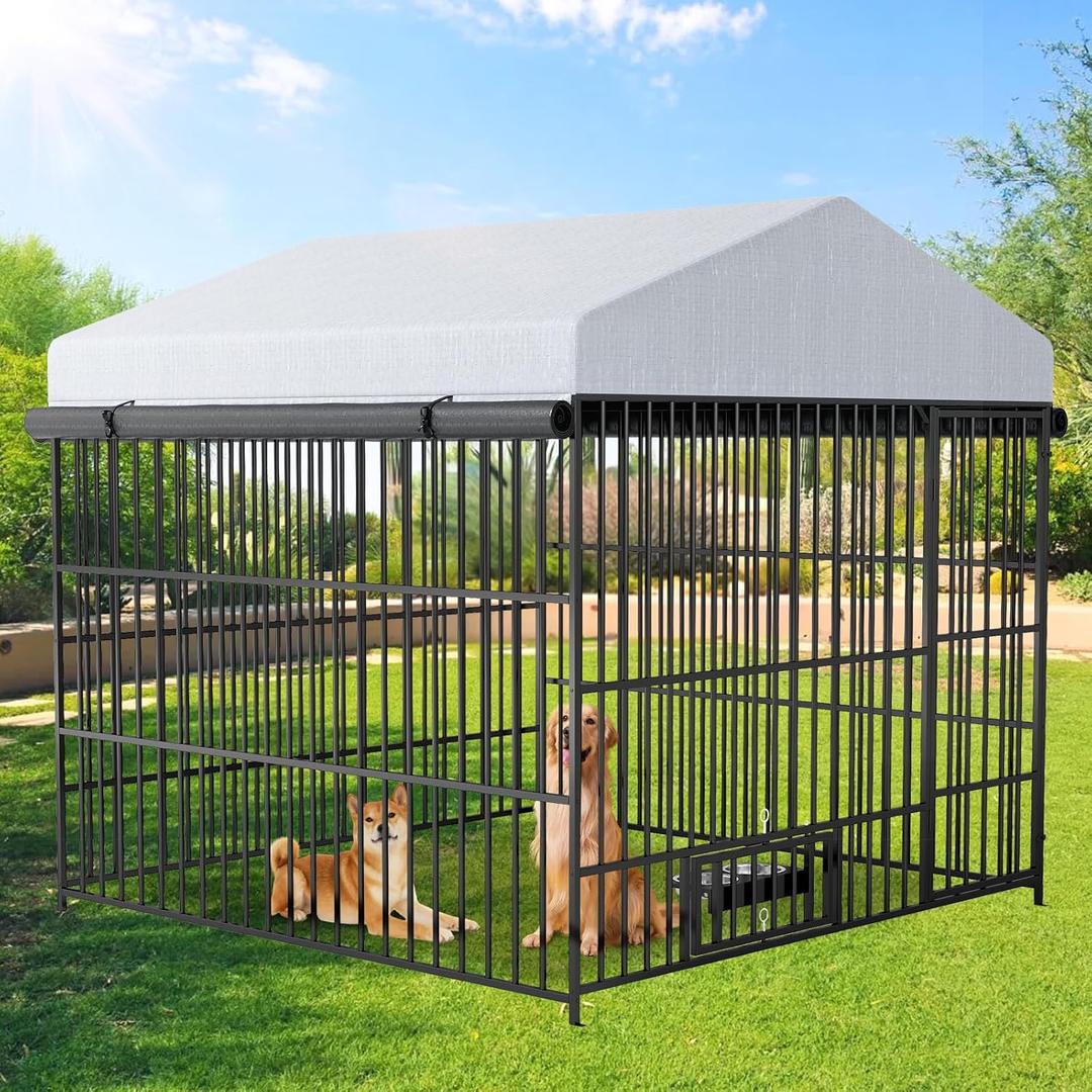 Rovibek Outside Dog Kenne with Roof, Outdoor Dog Kennel with 3 Sides Sun-Proof Cover,Large Dog Kennel Outdoor, Dog Run Enclosure with 2 Rotating Bowls for Large Dogs (6.5 x 6.5 x 6.3FT)