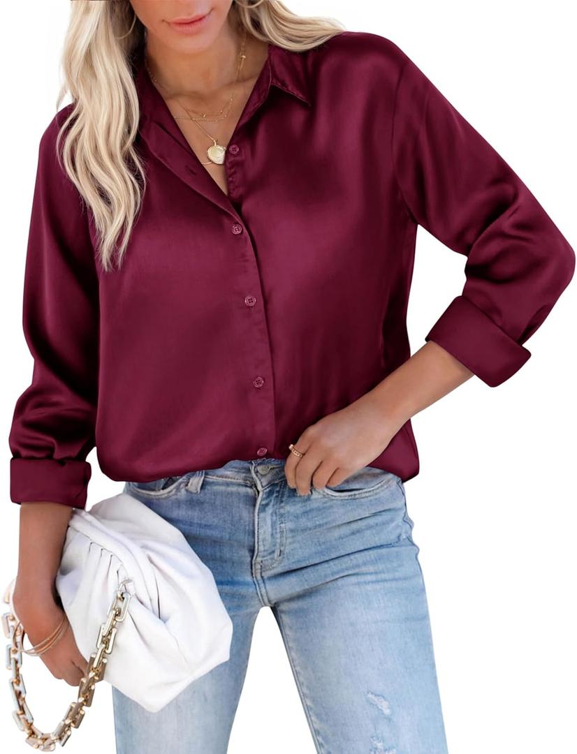 siliteelon Button Down Shirts For Womn Satin Women Blouse Silk Long Sleeve Dress Shirt Business Tops Office Work (Large, Burgundy)