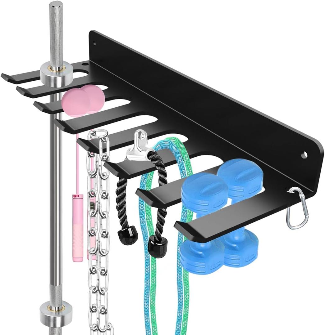 Home Gym Accessories Organization Storage Rack Equipment For Home 8 Hook Wall Hanger Display Gear Barbells Resistance Bands Jump Ropes Lifting Belt Hanger Accessories Hardware Included (Basic)