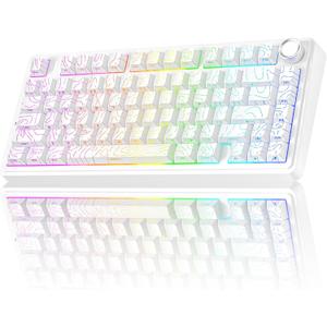 AULA F75 Pro Wireless Mechanical Keyboard with Knob,75% Hot Swappable Custom Gaming Keyboards,RGB Backlit,Pre-lubed Switches,Side Printed PBT Keycaps Creamy Sounding Computer Keyboard, Line White