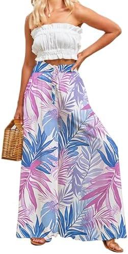 YOCUR Women Summer Beach Vacation Pants High Waisted Wide Leg Pants Printed Loose Flowy Casual Palazzo Lounge Trousers, XL