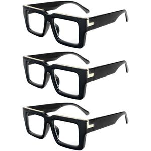 REAVEE 3 Pack Oprah Style Reading Glasses for Women Men, Blue Light Blocking Readers Stylish Square with Spring Hinge, Black 2.25