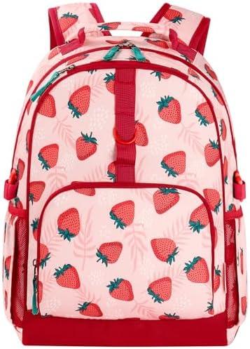 Choco Mocha Strawberry Backpack for Girls, Elementary School Backpack for Girls Ages 6-8 Kids Kindergarten Backpack Bookbag 17 Inch with Chest Strap, Pink