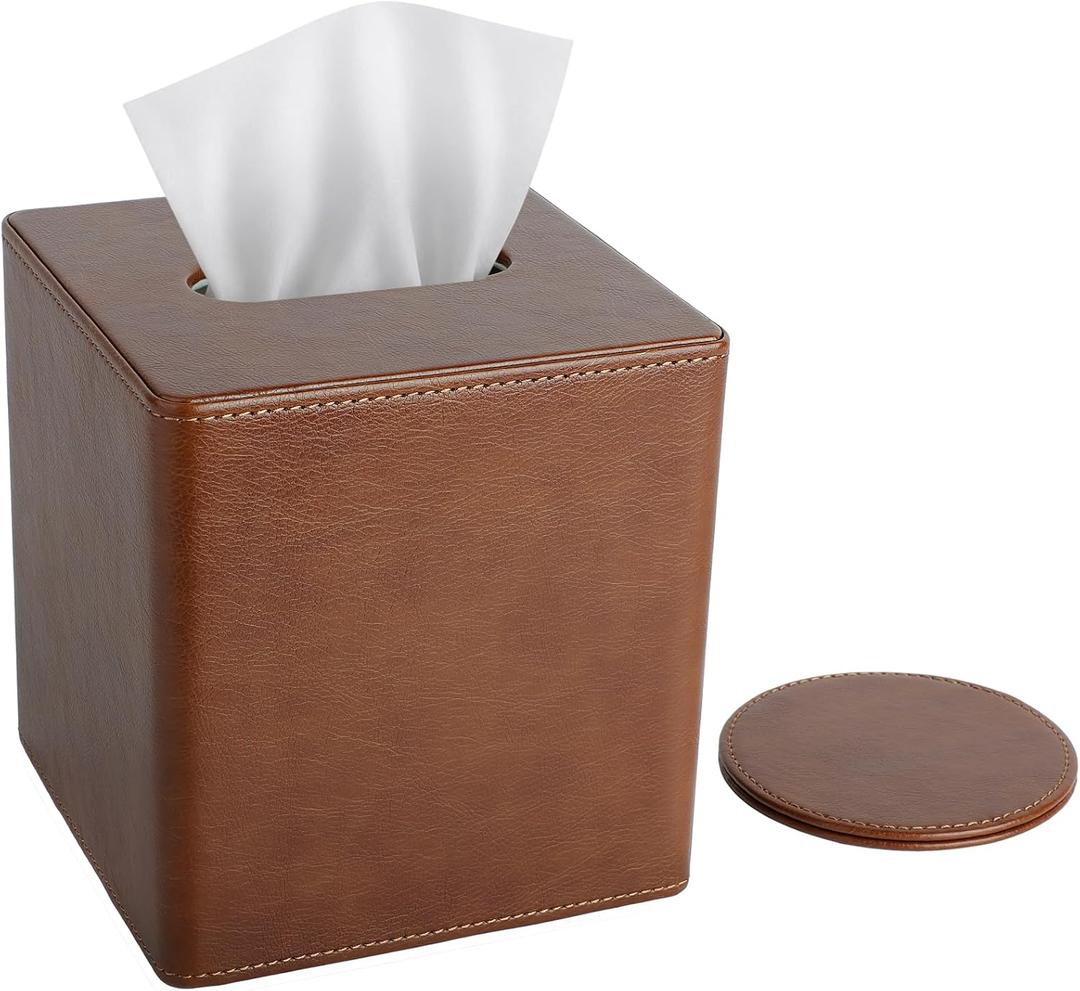 LAMOTI Tissue Box Cover Square with 4" Coaster, PU Leather Decorative Cube Tissue Box Holder with Magetic Closure for Home & Office (Brown)