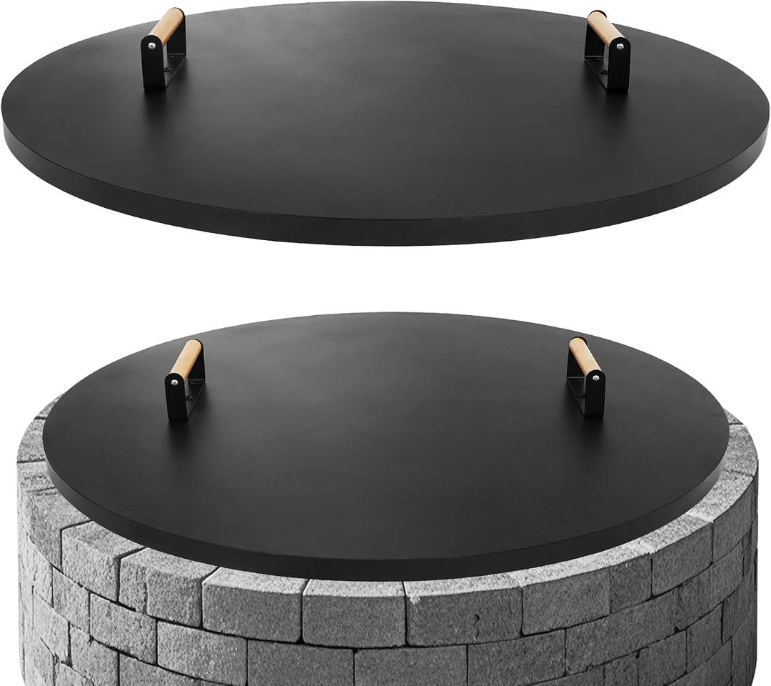 G GOOD GAIN Firepit Lid Round 38 Inch - Rust Resistant Fire Pit Lid Cover with Wooden Handle & Gloves, Fire Pit Snuffer Lid for Courtyards, Patio, Winter Cold Protection. Fits Fire Pits Up to 36"