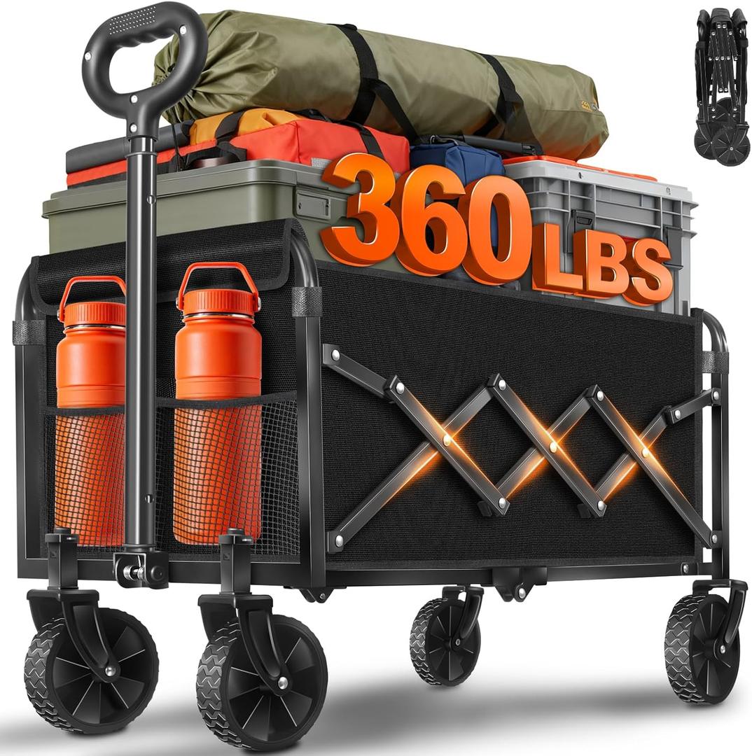 Wagons Carts Foldable  Collapsible Wagon 360Lbs, Folding Wagon Cart with Wheels, Foldable Wagons Portable for Groceries, Sports, Camping, Storage, Travel, Shopping Jet Black