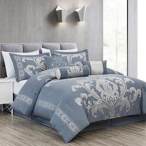 Chezmoi Collection Royale 7-Piece Jacquard Floral Comforter Set, King, Grayish Blue/Gray