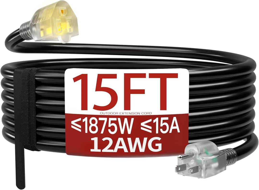 15 FT 12 Gauge Extension Cord Outdoor, Heavy Duty Weatherproof & Flame Retardant Black 3 Prong Power Cord with Light, Outside for Lawn & Garden, 15 Amps 1875 Watts 125 VAC 12AWG SJTW, ETL Listed