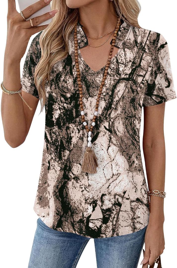 Kistore Womens Summer Tops Short Sleeve V Neck Casual Shirts Beach Vacation Dressy Work Blouses (Brown, L)