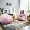 Fluffy Bean Bag Chair for Kids, 2.5FT Round Foam Filled Bean Bag for Teens & Kids, Ultra Soft Faux Fur Fabric Bean Bag Chairs for Playroom, Living Room, Bedroom, Rainbow, Small