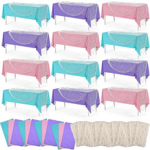 24 Pcs Fish Net and Tablecloth Set 3 Colors Ocean Waves Plastic Tablecloths and Cotton Fish Net Set for Nautical Baby Shower Pirate Mermaid Birthday Party Decorations, 54 x 108 Inch
