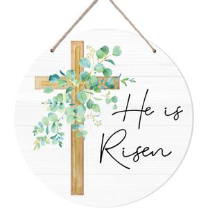 He Is Risen Easter Decor, Bible Verse Easter Wreaths For Front Door Porch, Christian Religious Resurrection Door Hanger Sign, Welcome Spring Rustic Wooden Hanging Decorations, 02