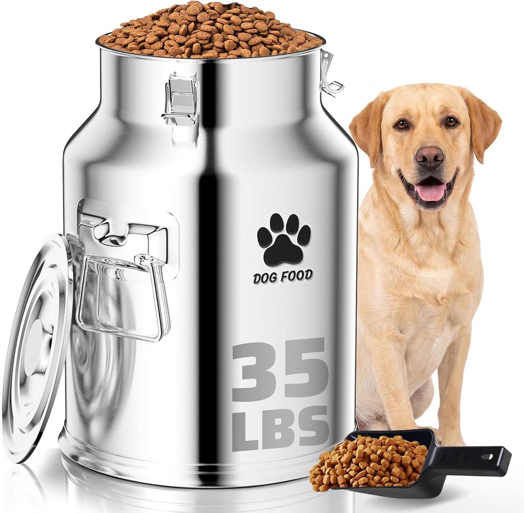 35LBS Large Metal Dog Food Storage Container, Stainless Steel Dog Food Storage Tank, Multifunctional Storage Bin with Lid and Spoon, Food Storage Container for Big Dogs, Keep Fresh, Easy to Clean