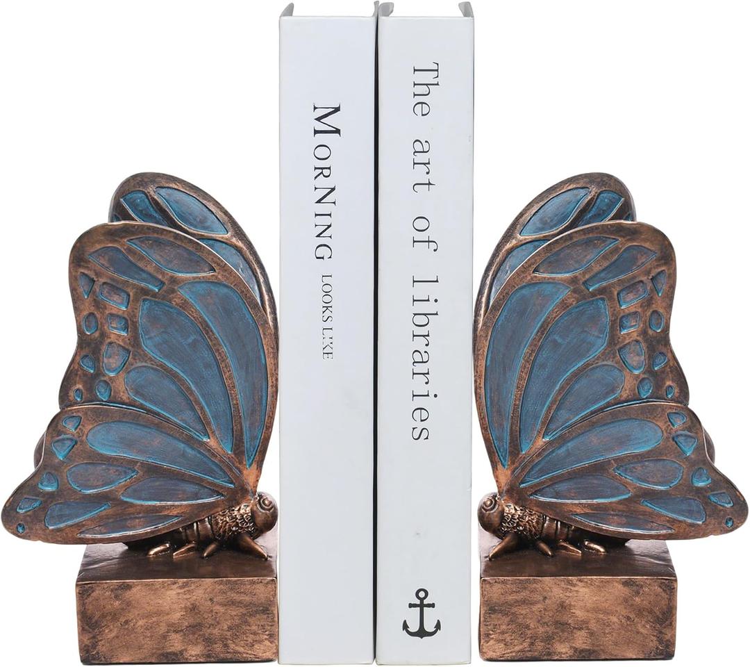 Vintage Blue Butterfly Bookends,Resin Book Ends for Shelves,Heavy Duty Decorative Bookends,Creative Book Stopper Holder Decor for Desk Home Office,Shelf Decoration,Gifts for Mother's Day