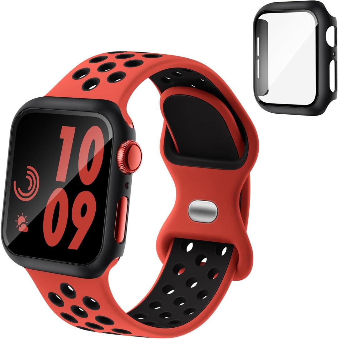 Sport Silicone Bands and Case with Screen Protector Compatible with Apple Watch Band 44mm/45mm/46mm/42mm/41mm/40mm for Men, Breathable Strap and Cover Combo for iWatch Series 11/10/9/8/7/6/5/4/SE (Red Black)