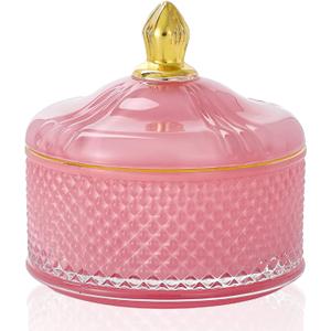 Glass Jewelry Jar Diamond Faceted Candy Storage Bowl with Lid Sugar Cans Food Container,Decorative Jewelry Box Apothecary Canisters,Kitchen Bathroom (5 Ounces, Pink)