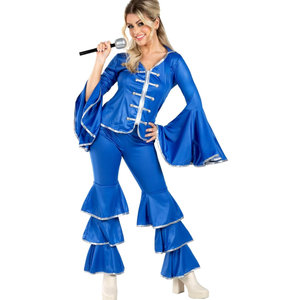 fun shack 70 Disco Costume for Women Blue Flares, Disco Queen Jumpsuit, Retro Dance Outfit for Parties S
