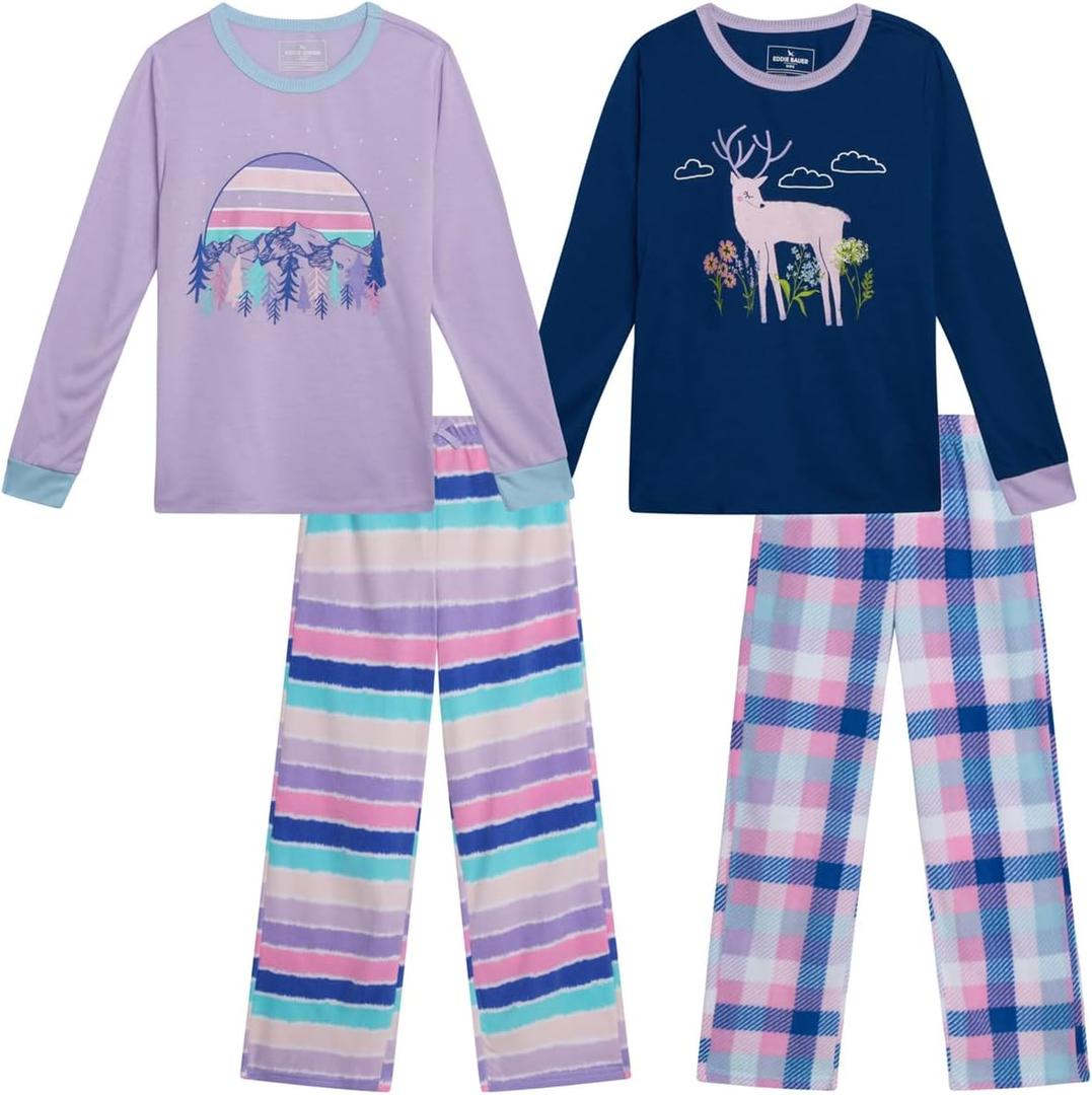 Eddie Bauer Girls' Pajama Set - 4 Piece Matching Fleece Graphic Pajama Tops and Pajama Pants for Girls (8-10, Pastel Lilac)