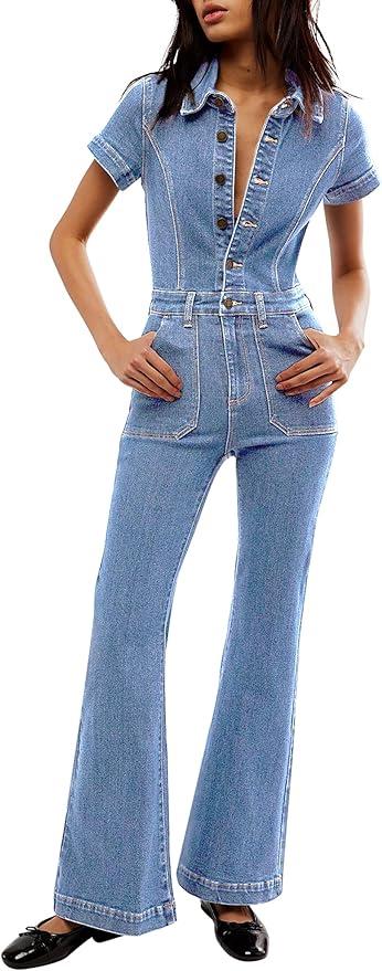 Qazel Vorrlon Denim Jumpsuit for Women Flare Wide Leg Blue Jean Jumper Short Sleeve Button Stretch Long Romper Pant 14