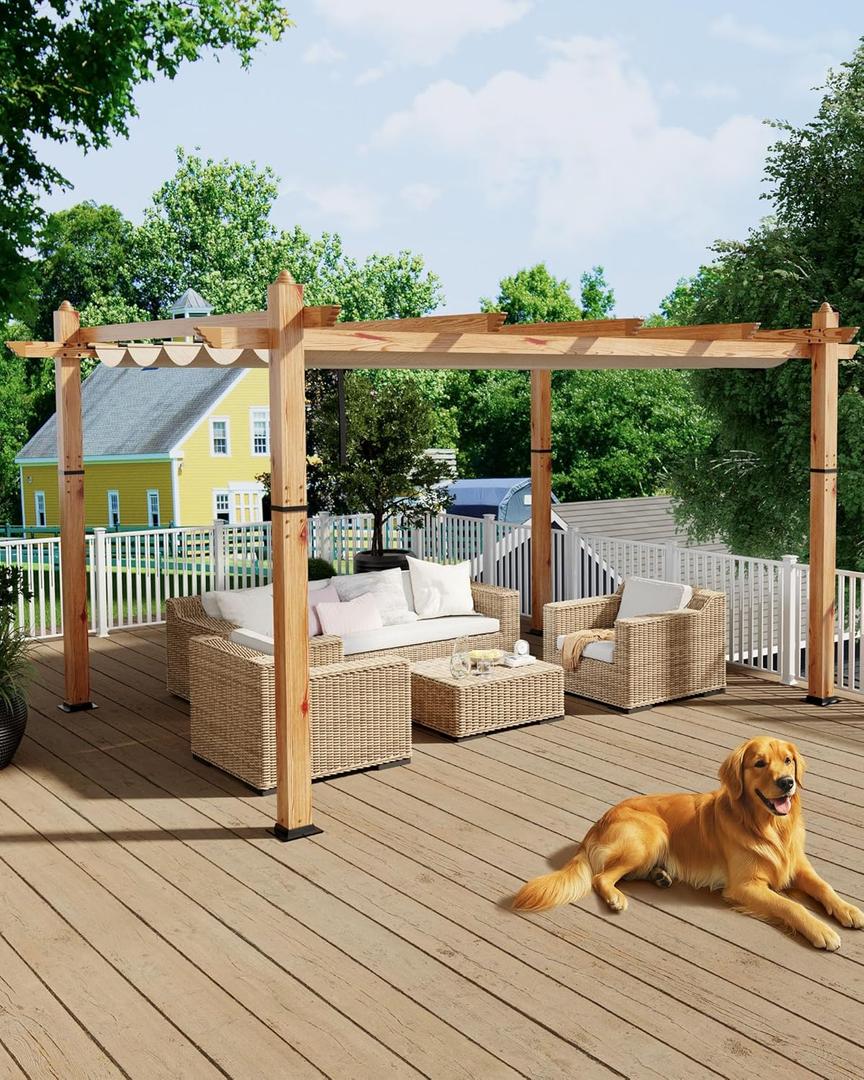 10x13 Ft Outdoor Pergola with Retractable Canopy Upgraded Aluminum Faux Wood Grain Patio Pergola for Modern Backyard Deck Porch Grape Trellis (Khaki)