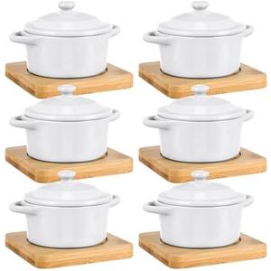 Mimorou 6 Set Only4oz Ceramic Mini Cocotte Set with Lid and Wooden Base Pumpkin Bowl Set with Handle Ceramic Soup Bowls Baking Ramekins Round Casserole for Home Thanksgiving Pumpkin Dish(White)