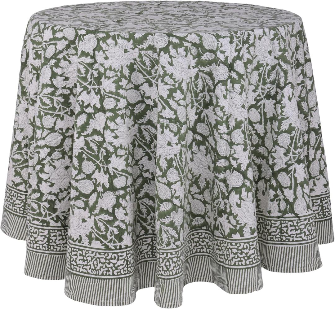 ATOSII Meraki Green 100% Cotton Round Spring Tablecloth, Handblock Print Floral Table Cloth for Kitchen Dining Linen I Parties, Weddings, Outdoors, Christmas, Easter Home Decor 90" Inches Round