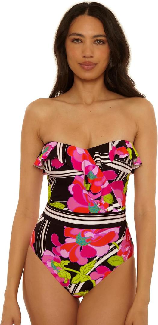 Trina Turk Women's Bougainvillea Ruffle Bandeau One Piece Swimsuit, Floral Print, Adjustable, Bathing Suits for Women (Pink) Size 12 