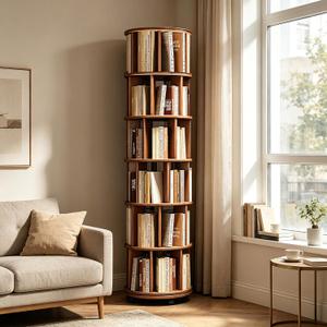 6-Tier Rubberwood Rotating Bookshelf, 360° Spinning Bookcase with Lockable Wheels, Space-Saving Freestanding Corner Storage Rack, Walnut Finish, 17.3"D×17.3"W×78.5"H for Living Room Office Bedroom