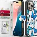 FUNMIKO for iPhone 16 Pro Case Wallet,Detachable Flip Folio Leather Cover,RFID Blocking 4 Card Slots Holder,Magnetic Kickstand,Protective Phone Shell for Women Girls,Blue Butterfly